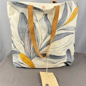 Minted Snap Tote NWT Botanical Canvas Bag Leather Strap Minimal